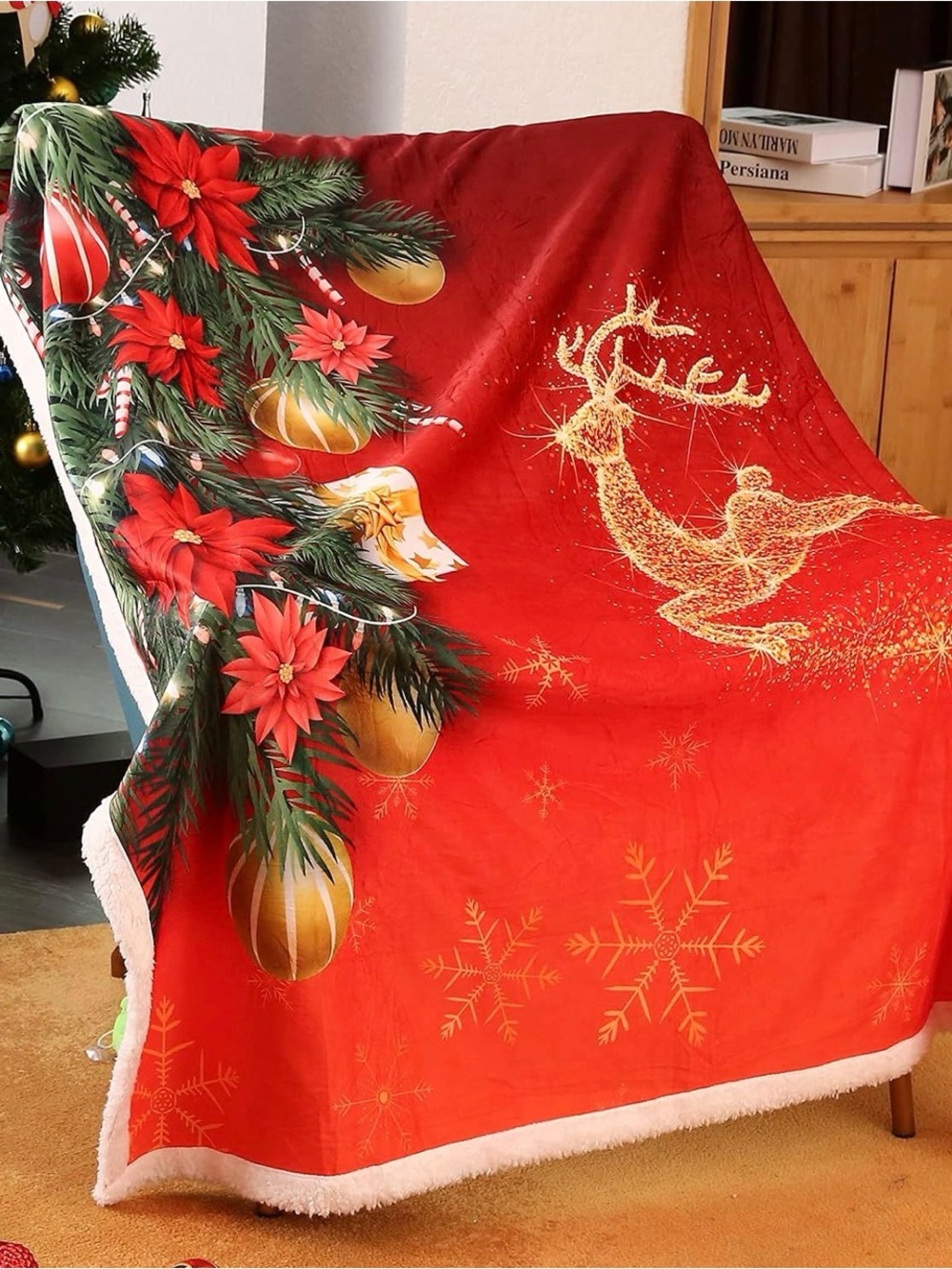Festive Red Holiday Reindeer Plush Throw Blanket 60x80